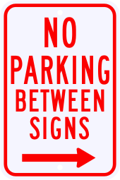 No Parking Between Signs with Right Arrow