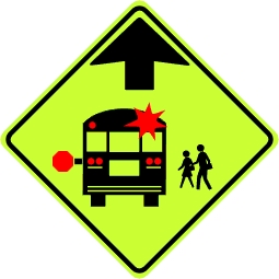 School Bus Stop Ahead Symbol Sign - Fluorescent Yellow Green